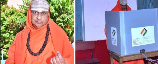 Civic Duty in Action: His Holiness Jagadguru Sri Shivarathri Deshikendra Mahaswamiji Casts His Vote in Suttur, Mysuru.